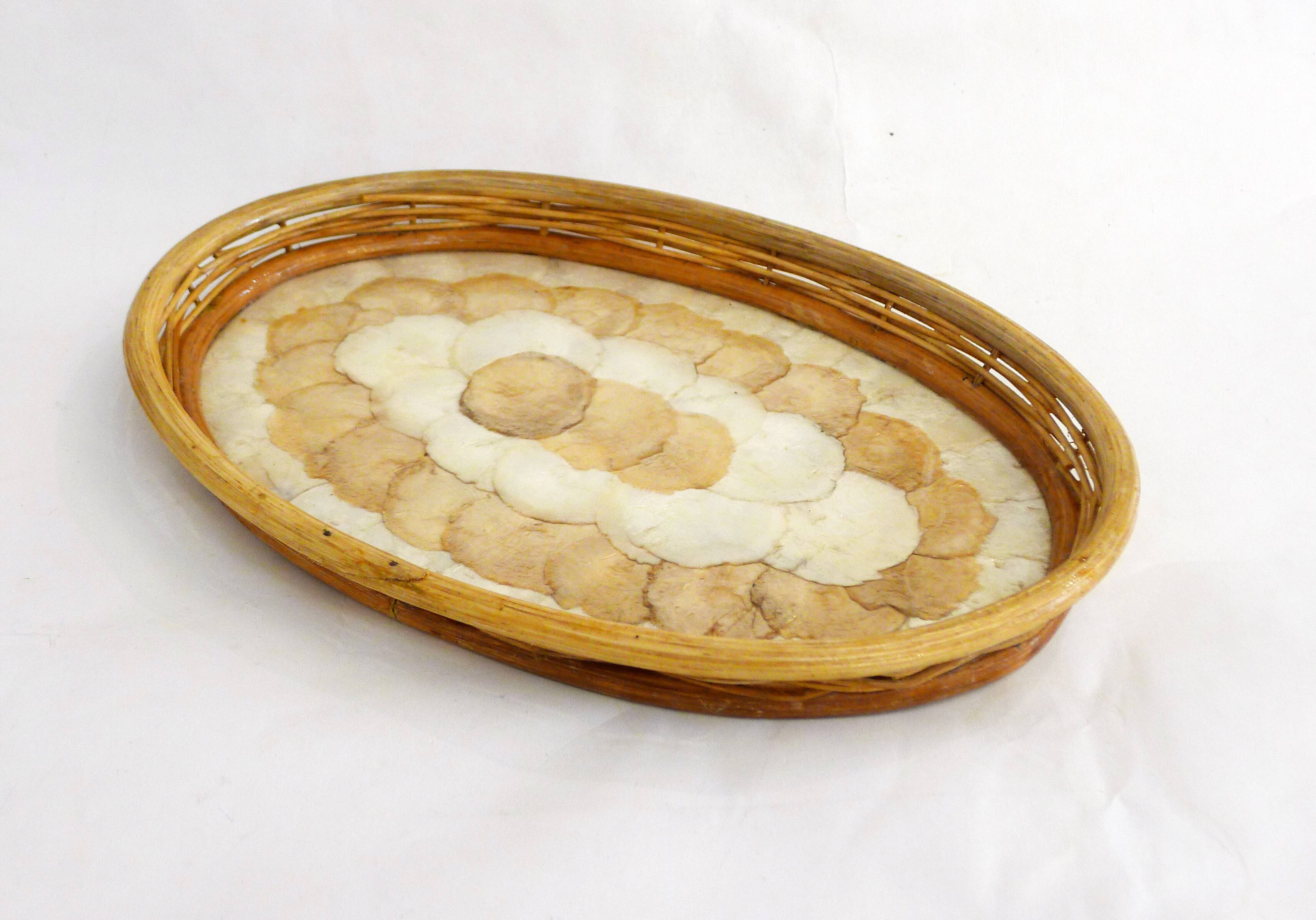 Mother-of-pearl and rattan tray