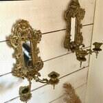 Pair of Antique Brass Wall Sconces with Mirror