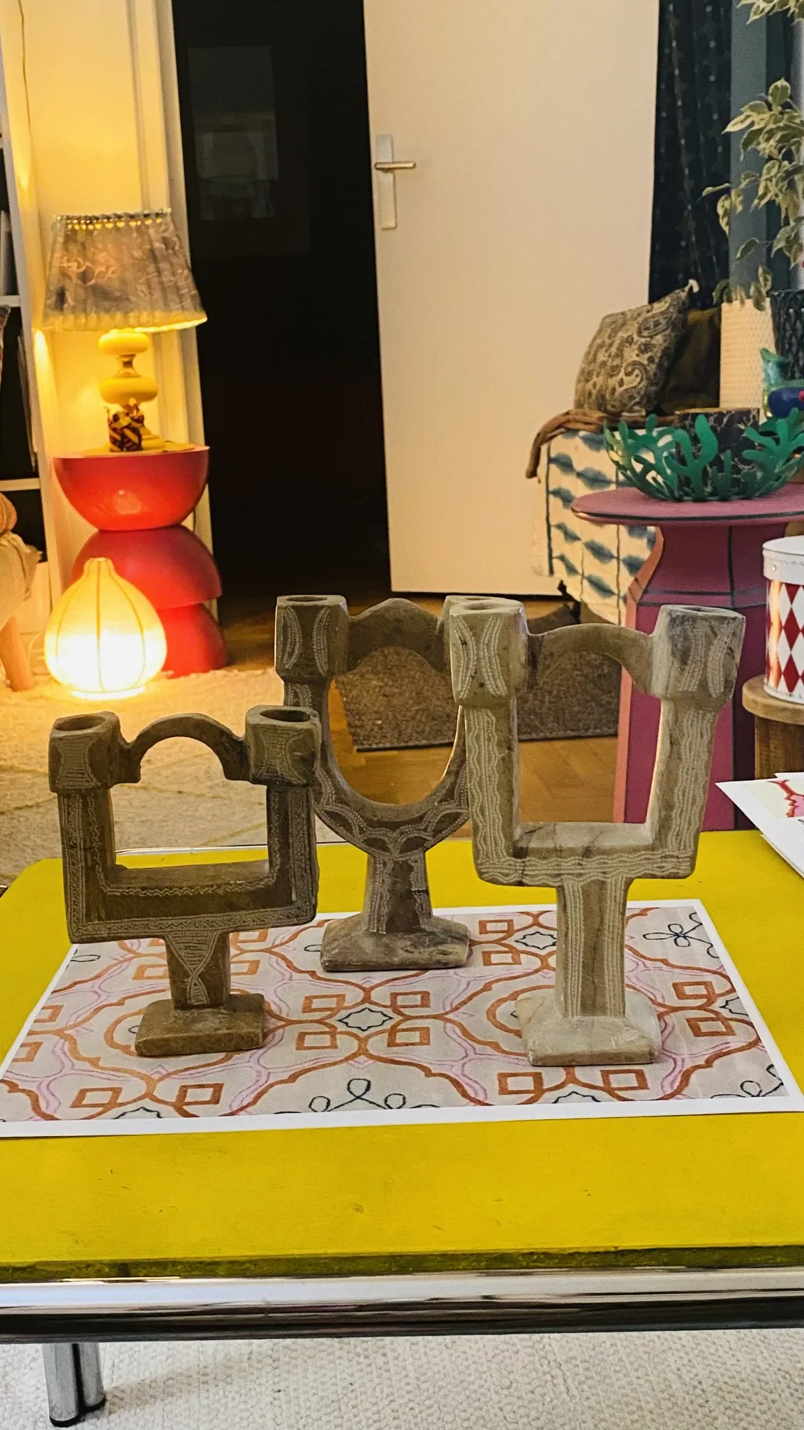 Vintage trio of candle holders in carved stone. Moroccan Folk Art 1970.