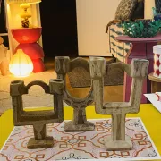 Vintage trio of candle holders in carved stone. Moroccan Folk Art 1970.
