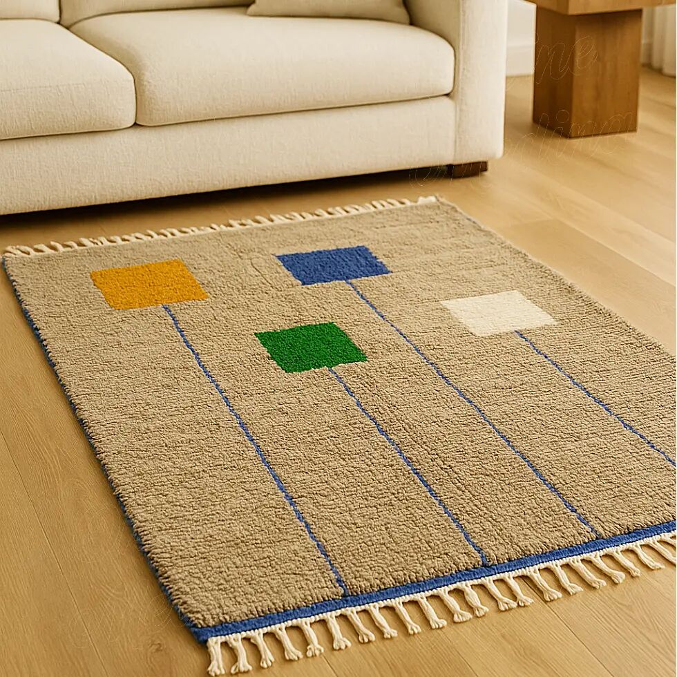 Beige Berber rug, wool, modern square patterns.