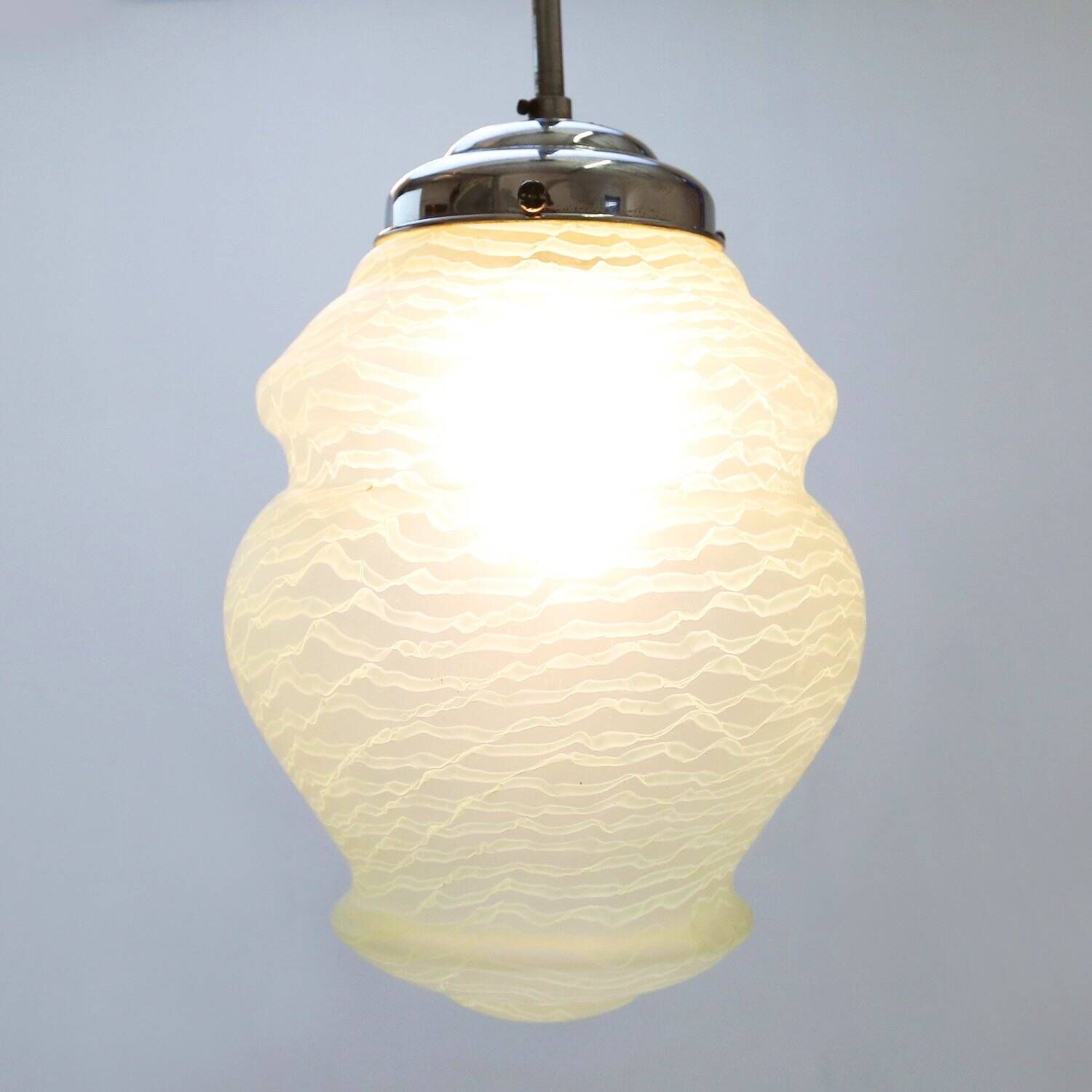 French Art Deco Pendant Lamp with Green Glass Shade, 1940