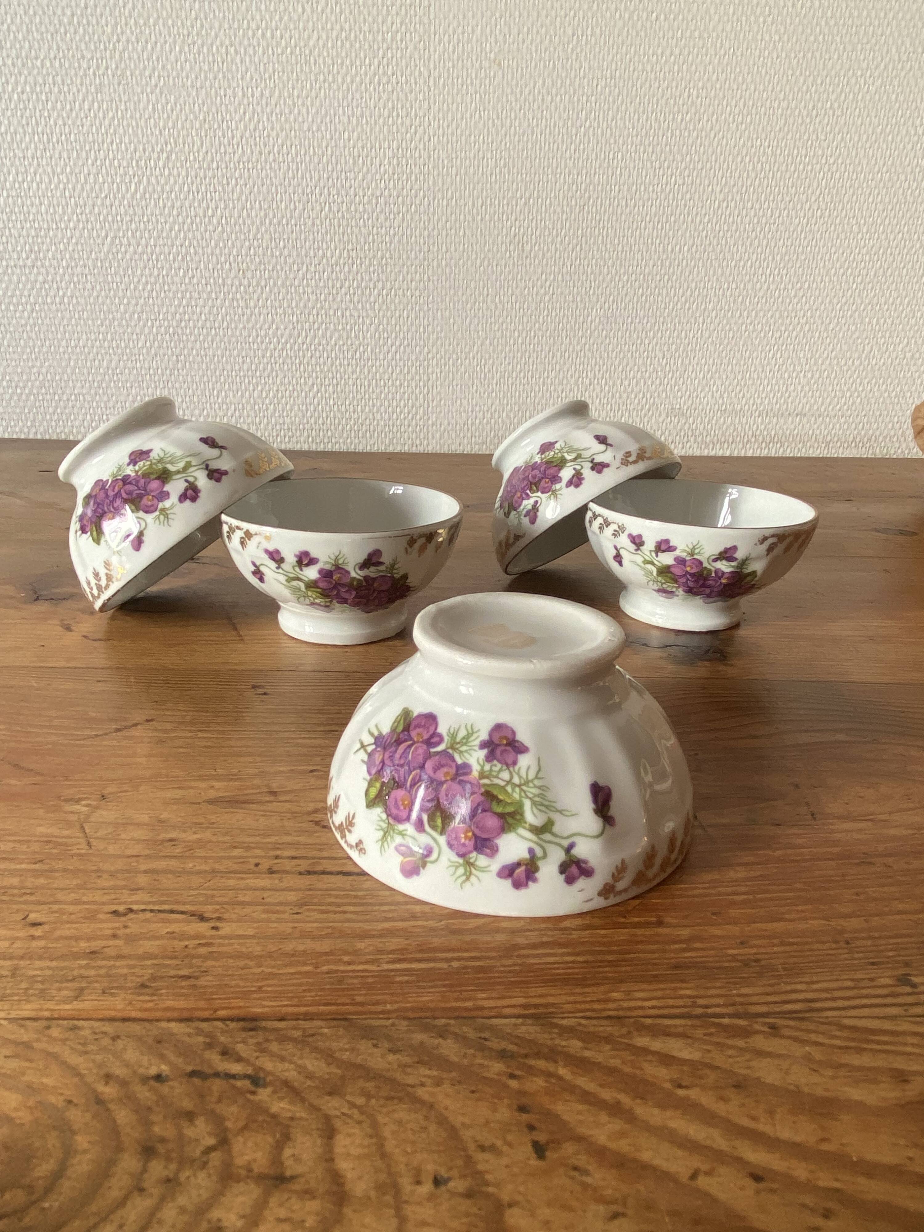 Set of 5 small porcelain coffee bowls, violet decor