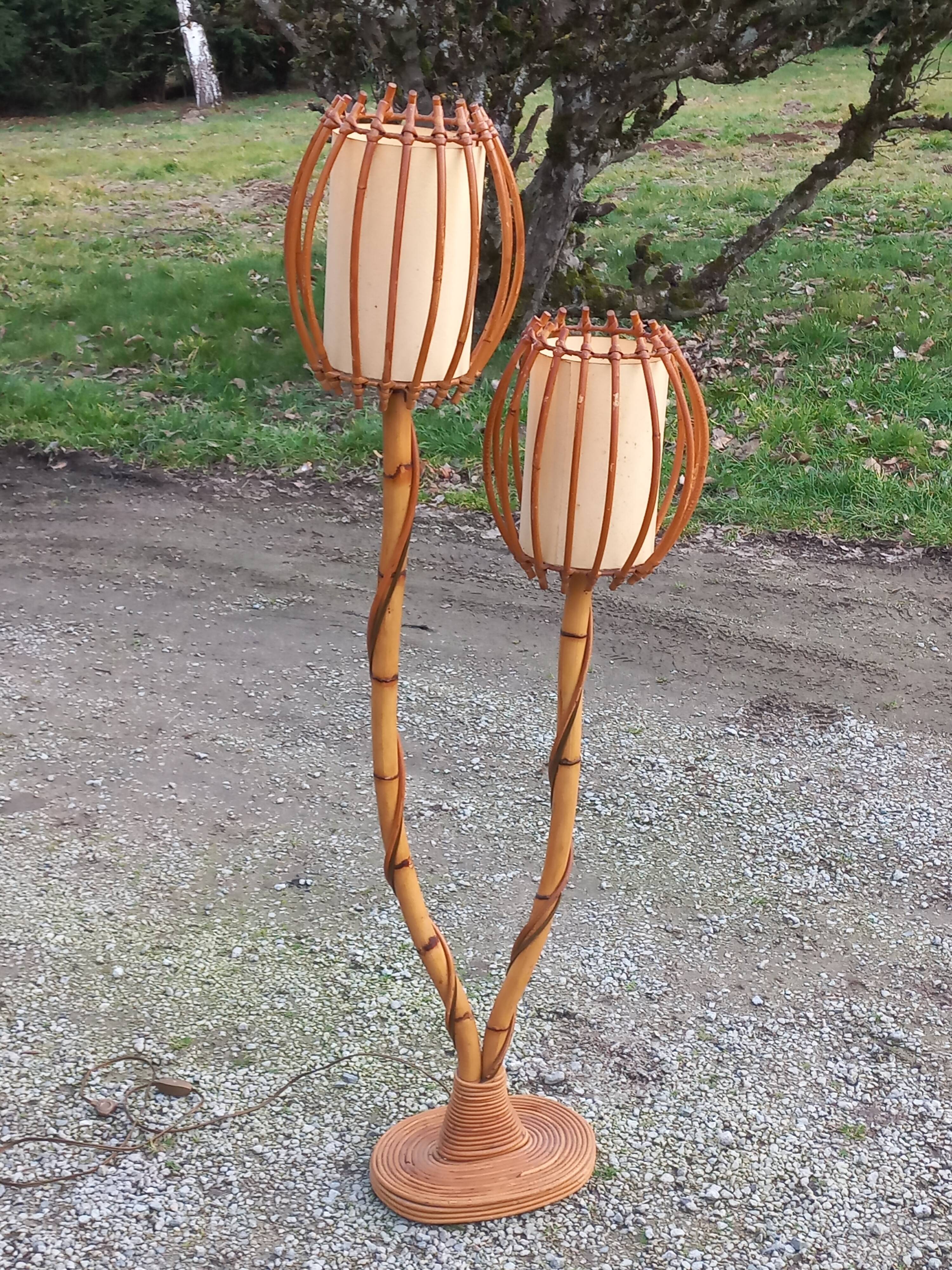 Bamboo and rattan floor lamp 2 lights from the 70s
