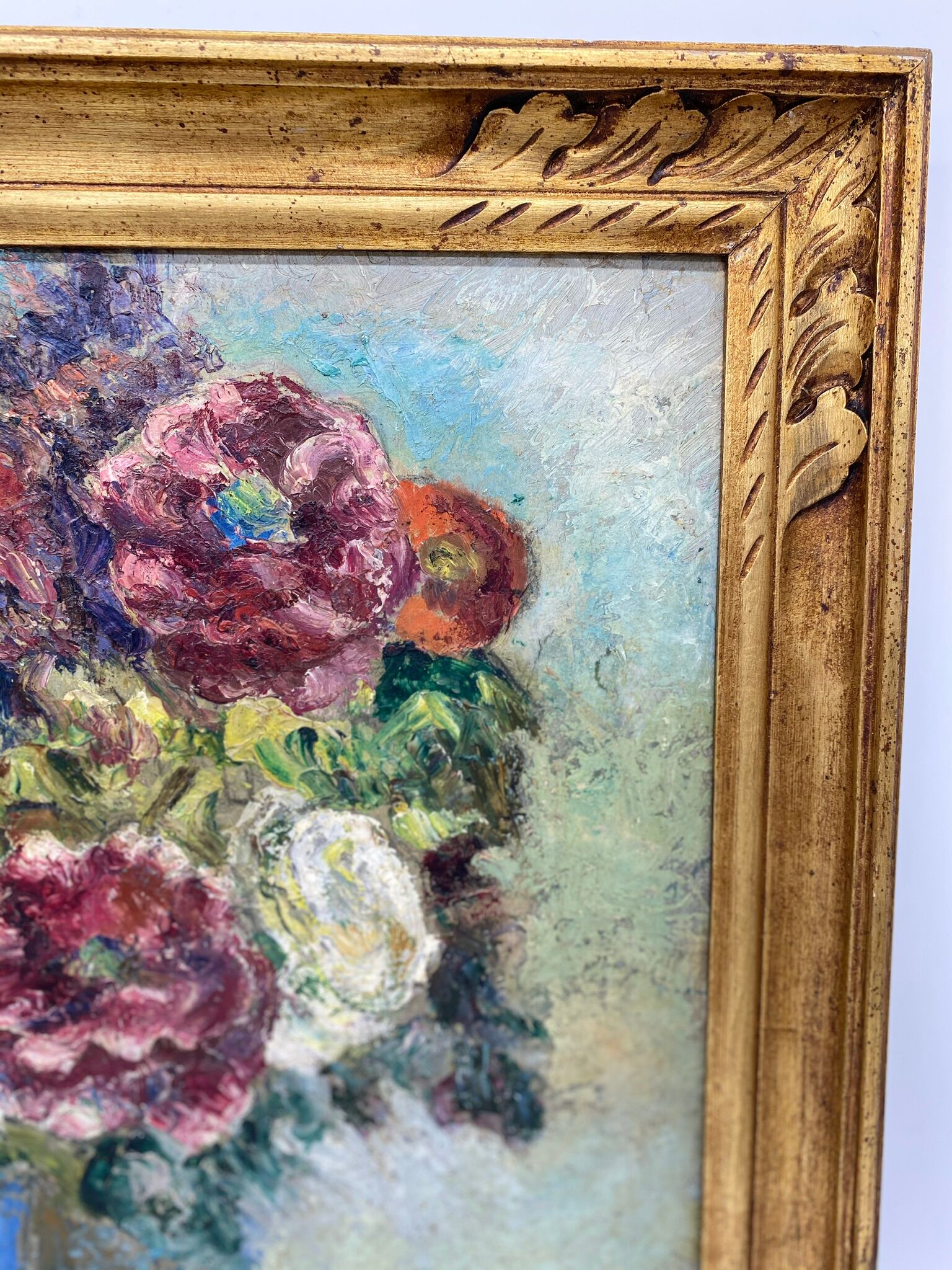 Antique painting, flowers in a vase