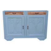 Enfilade basse Art Déco des années 30 bicolore bleu horizon et bois massif