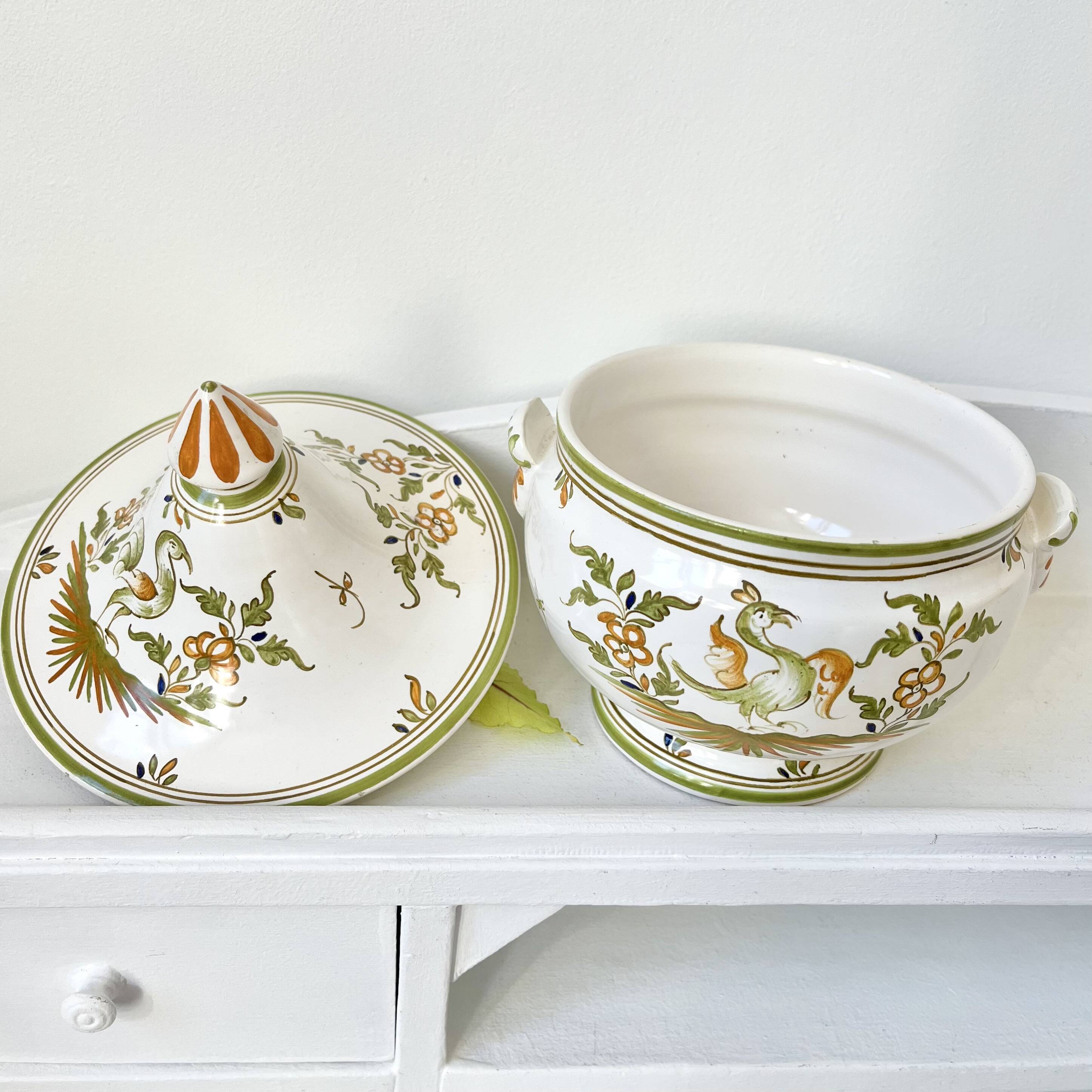 Covered candy jar signed M Malicorne, Moustiers decor