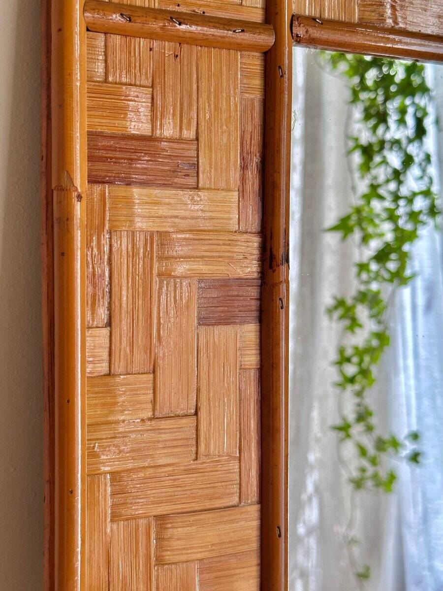 Italian mirror in woven rattan and sewn bamboo, 1970s