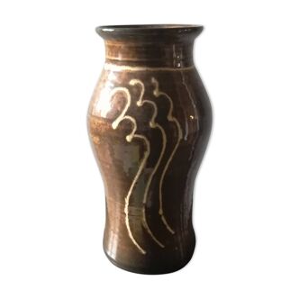 Vase ceramic brown beige scrollwork decoration, signed, France 1960