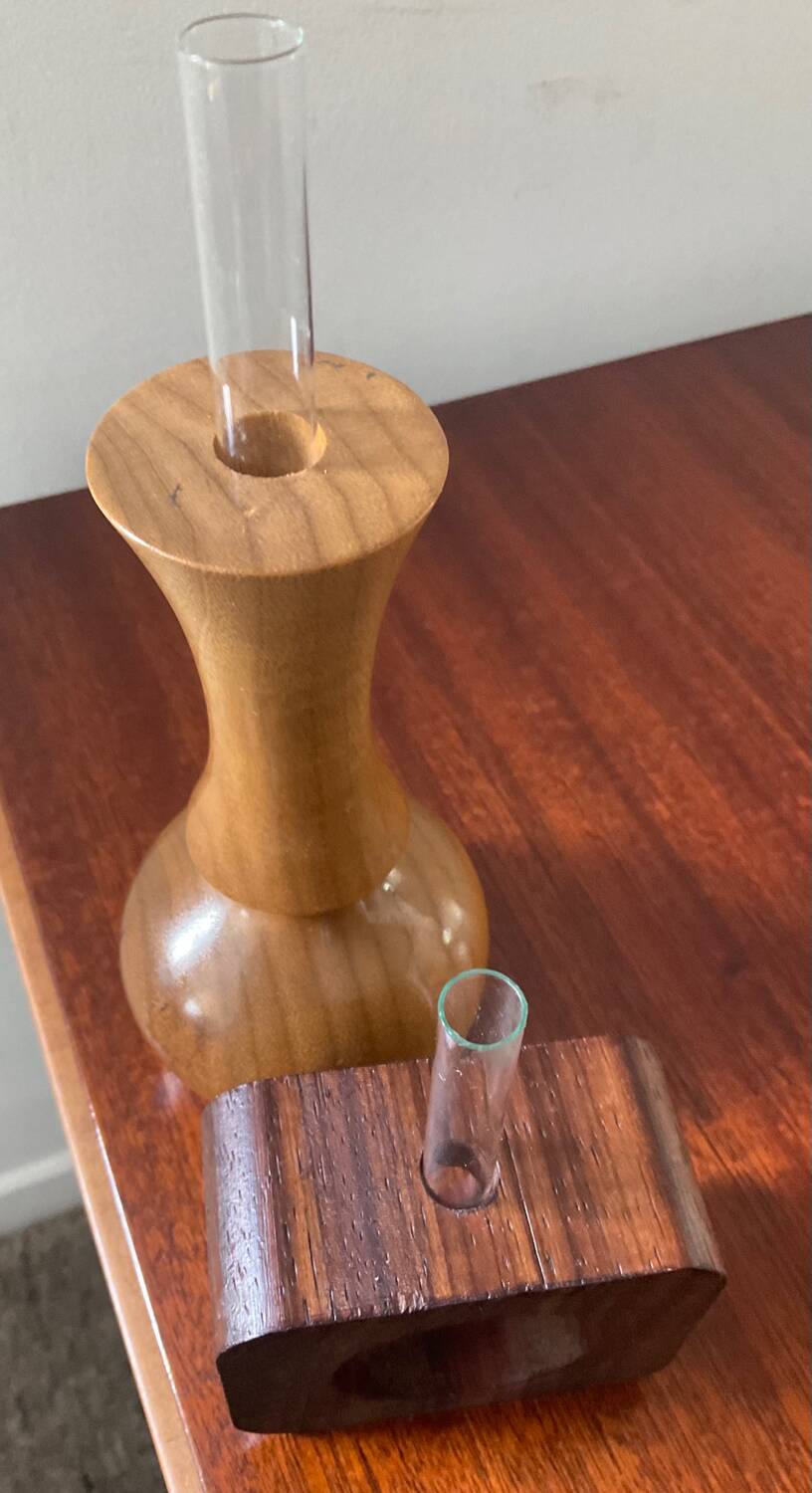 Duo of Scandinavian soliflores in wood and glass