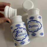 Ensemble de 2 pots à épices en opaline vintage en français et italien