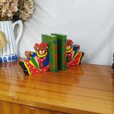 Vintage wooden bookends for kids, bear & books polychrome