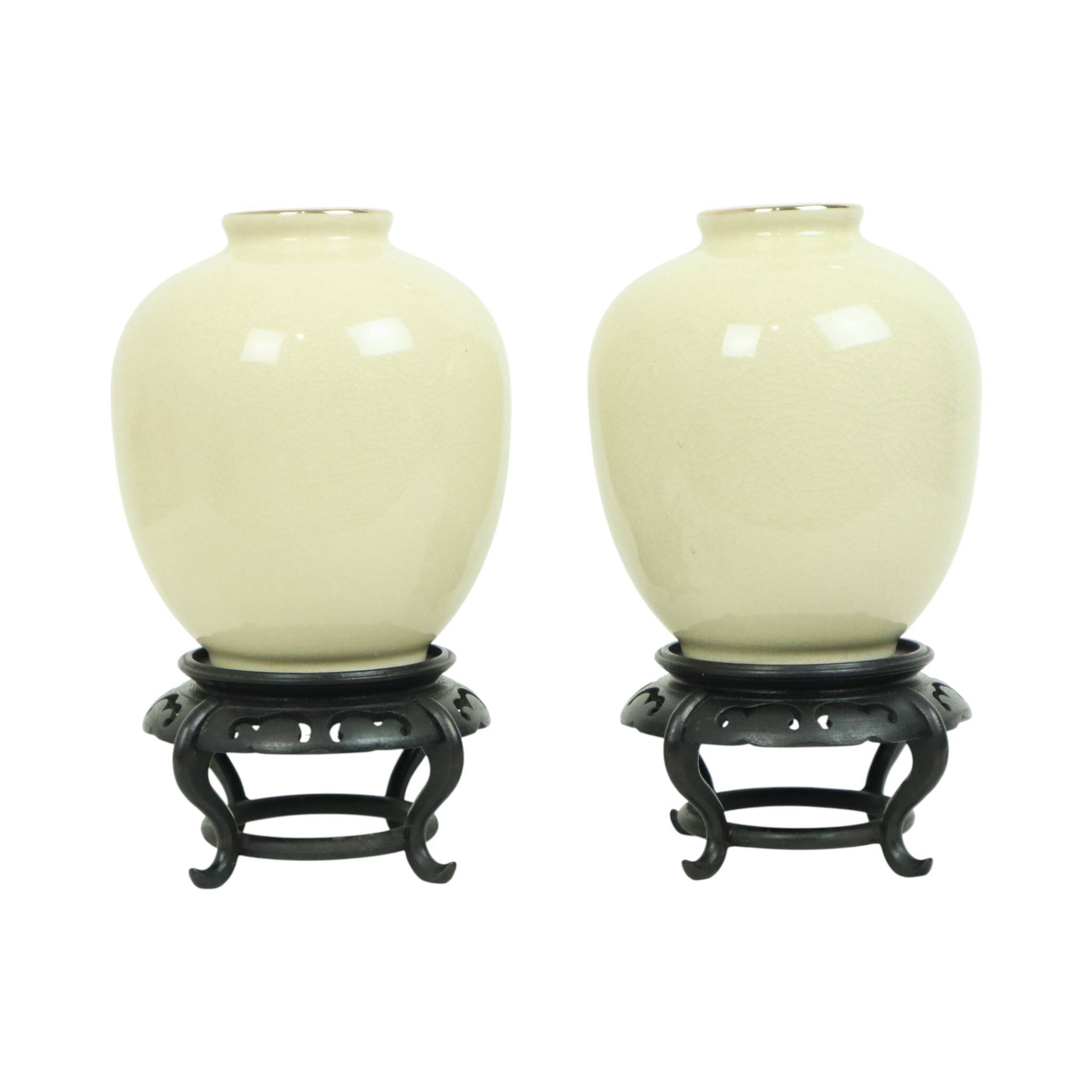 Pair of Japanese Vases Peacocks Flowers Crackle Ceramic 26cm