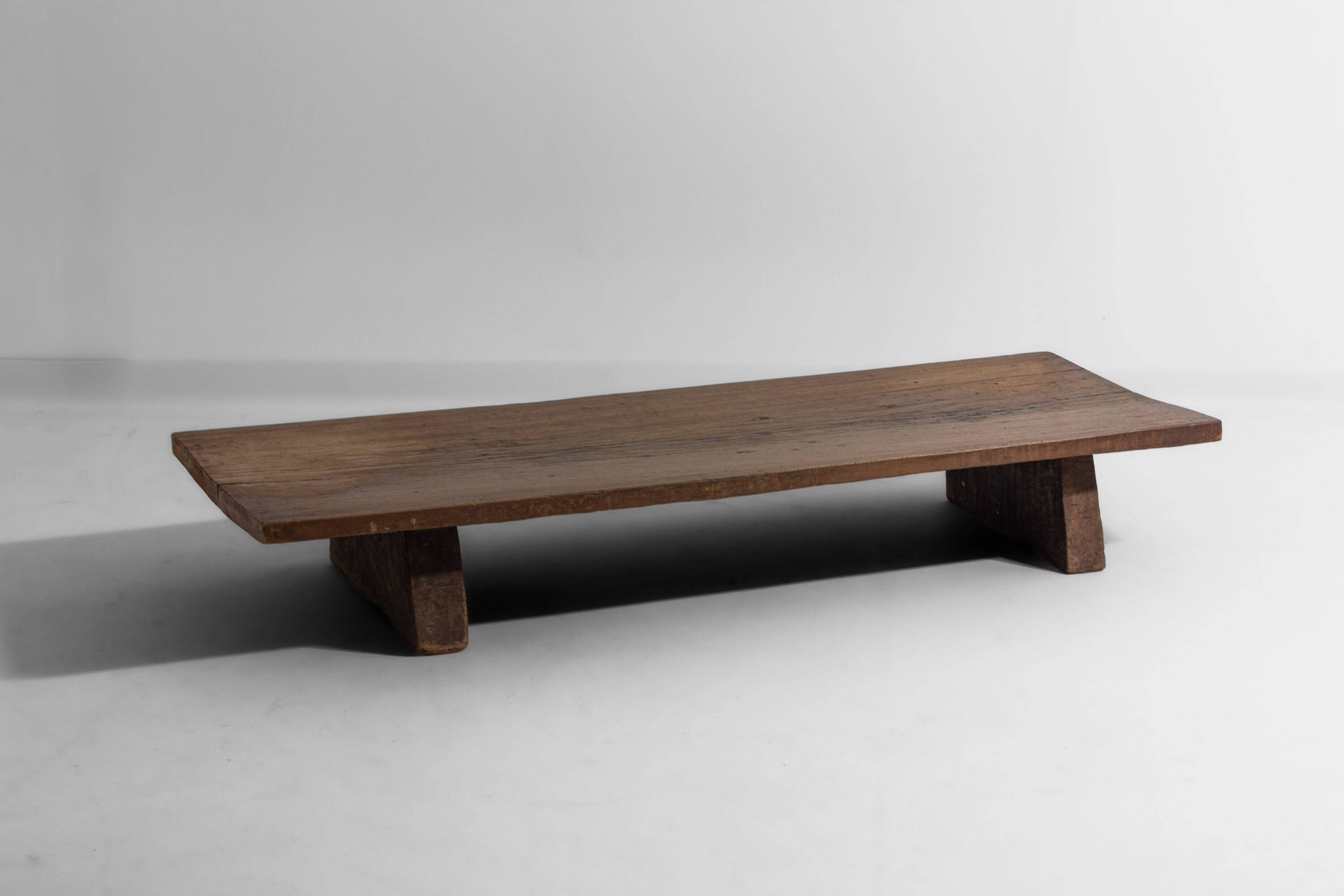 Rustic wabi sabi brutalist coffee table from solid wood, 1900s France