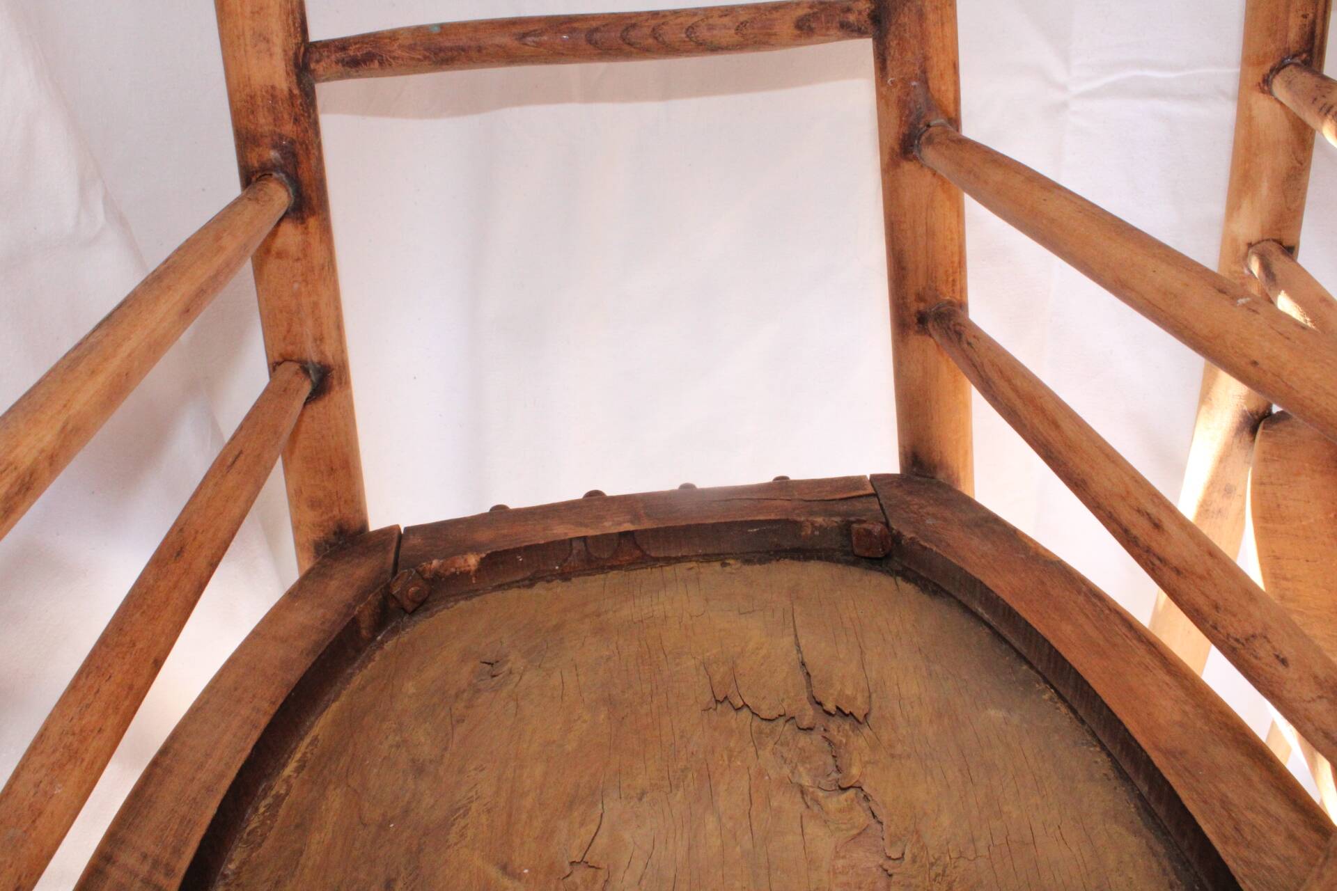 Duo of bistro chairs in bare wood, fully sanded and curved wooden backrest