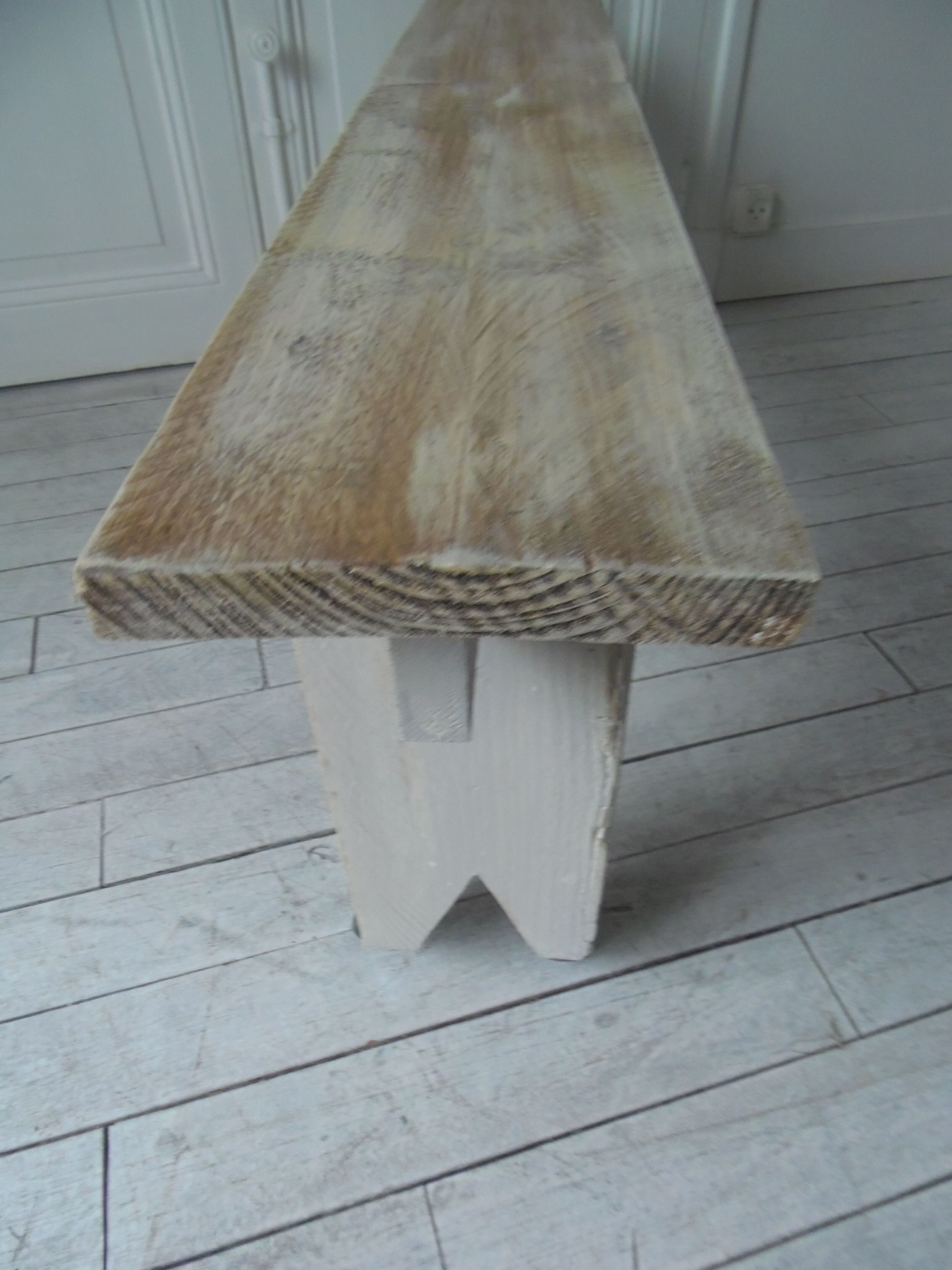 Bench in grey with wheels, bleached wood seating waxed finish