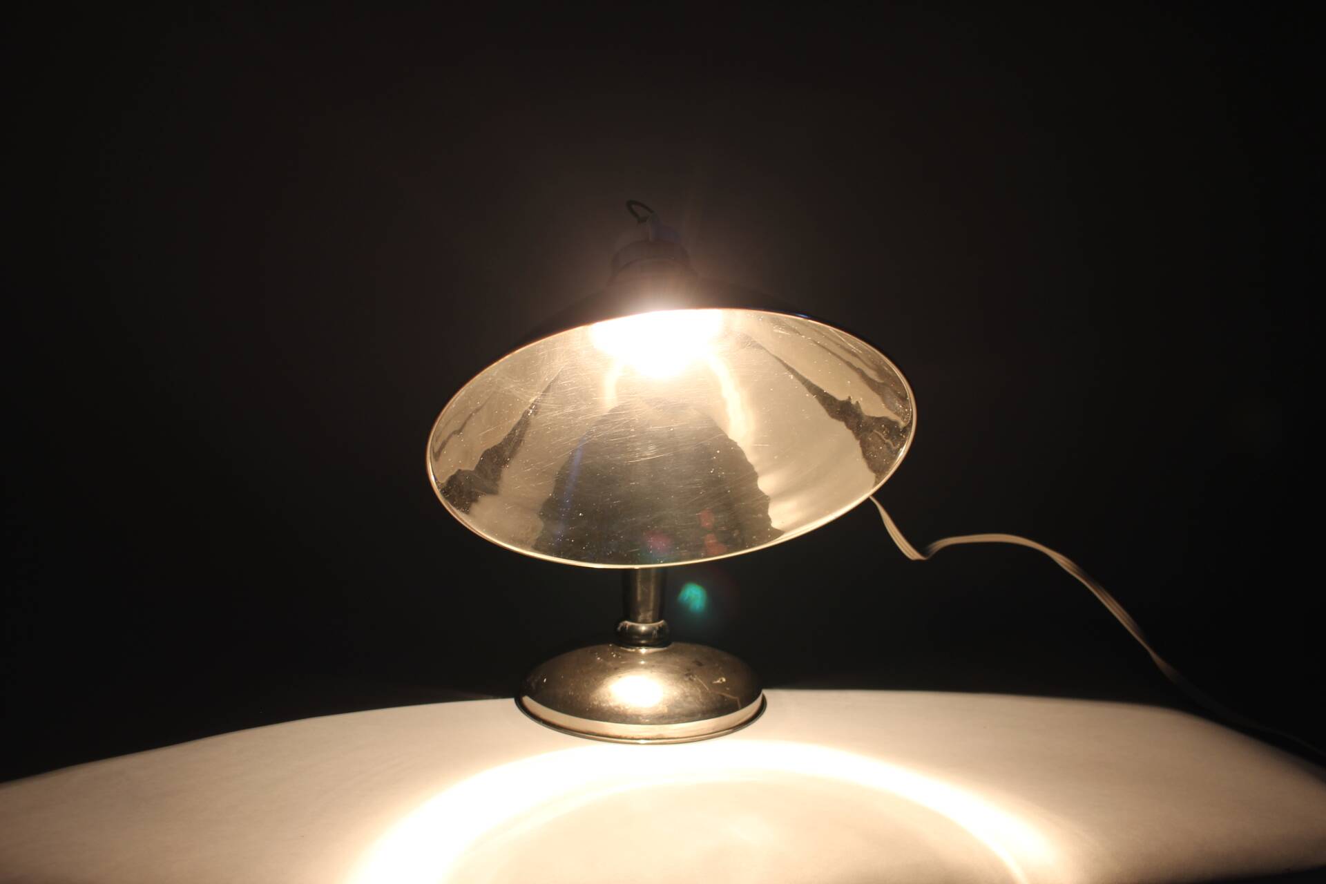 1950s Industrial Chrome & Wood Table Lamp with Ceramic Switch, Czechoslovakia