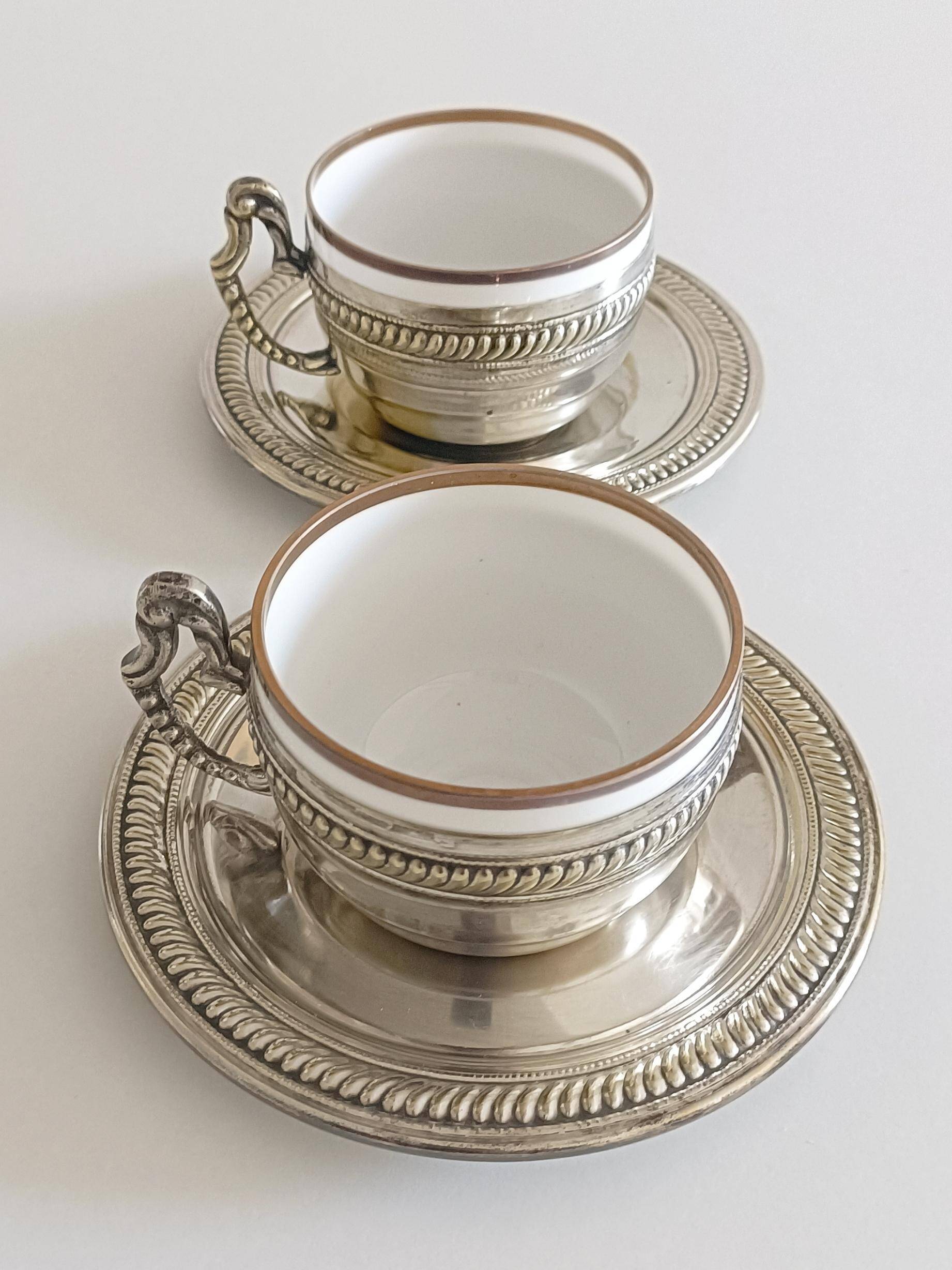 Victorian Alpaca Silver Tea or Coffee Pair of Cups and Plates, England 19th C.