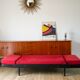 Day Bed sofa in skai, red mottled fabric and black metal 1950