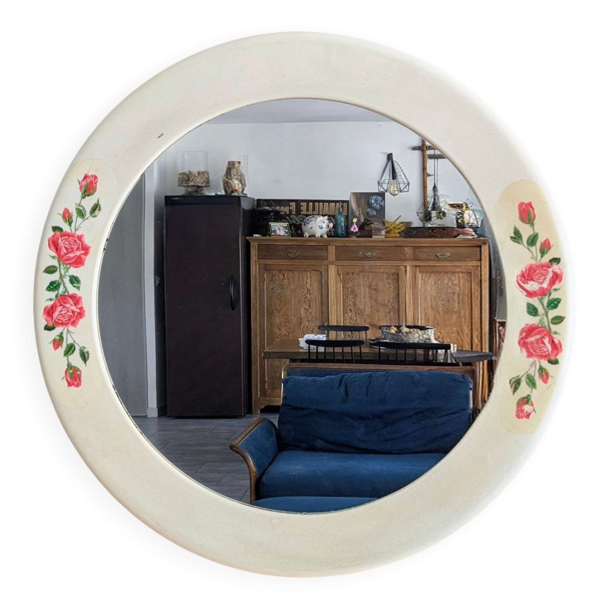 Vintage round mirror Syla model 6131 with rose decoration.