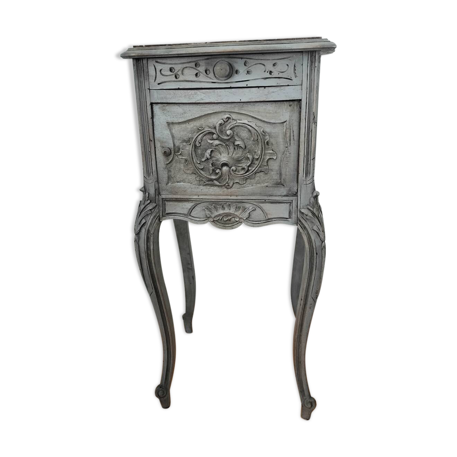 Table de chevet en bois et marbre, 1 tiroir et 1 placard