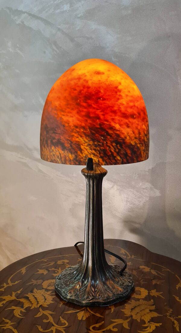 Lampe champignon pate de verre pied metal patiné bronze 39x18 elec refait a neuf