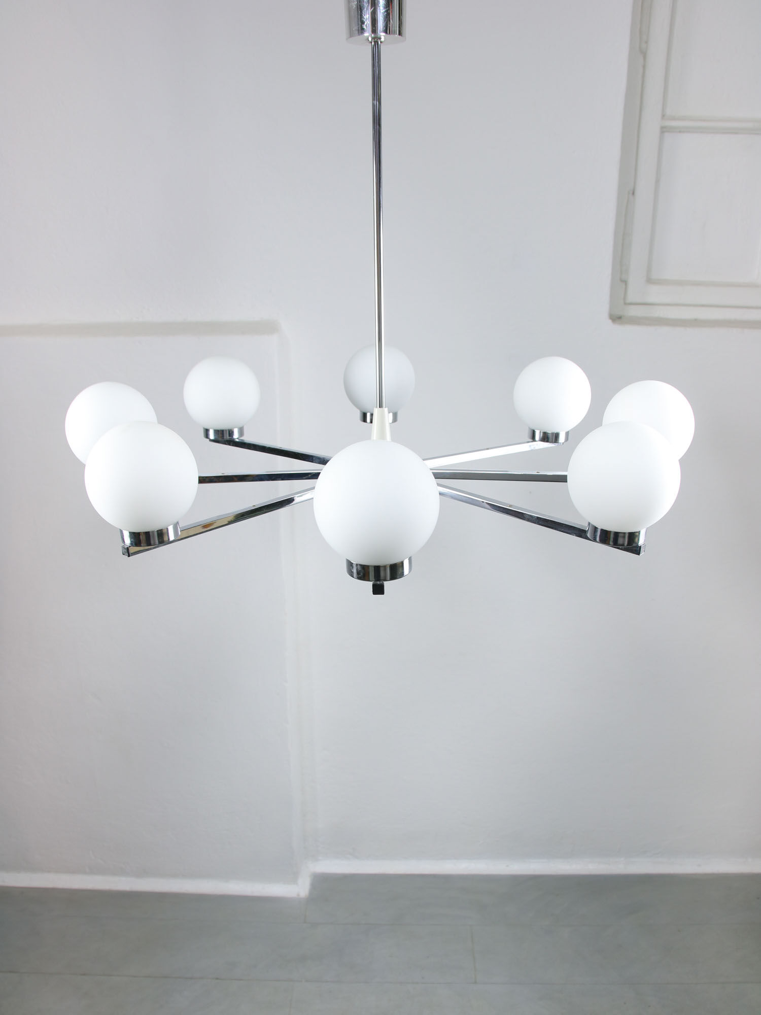 Vintage minimal chrome & opaline 8-arm chandelier, 70s