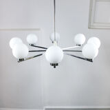 Vintage minimal chrome & opaline 8-arm chandelier, 70s