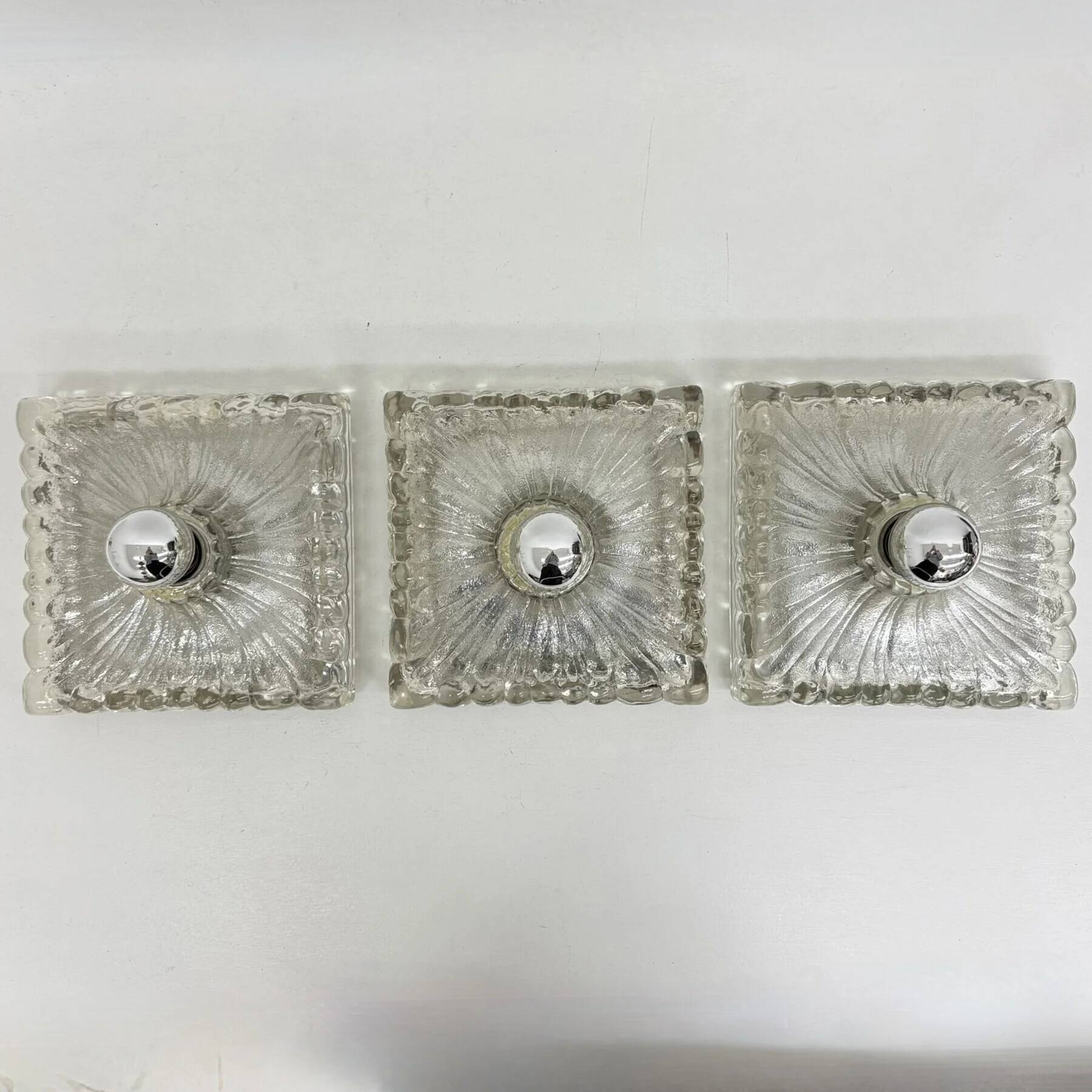 Hustadt Leuchten ice glass wall lamp sconce set of 3, 1970s Germany