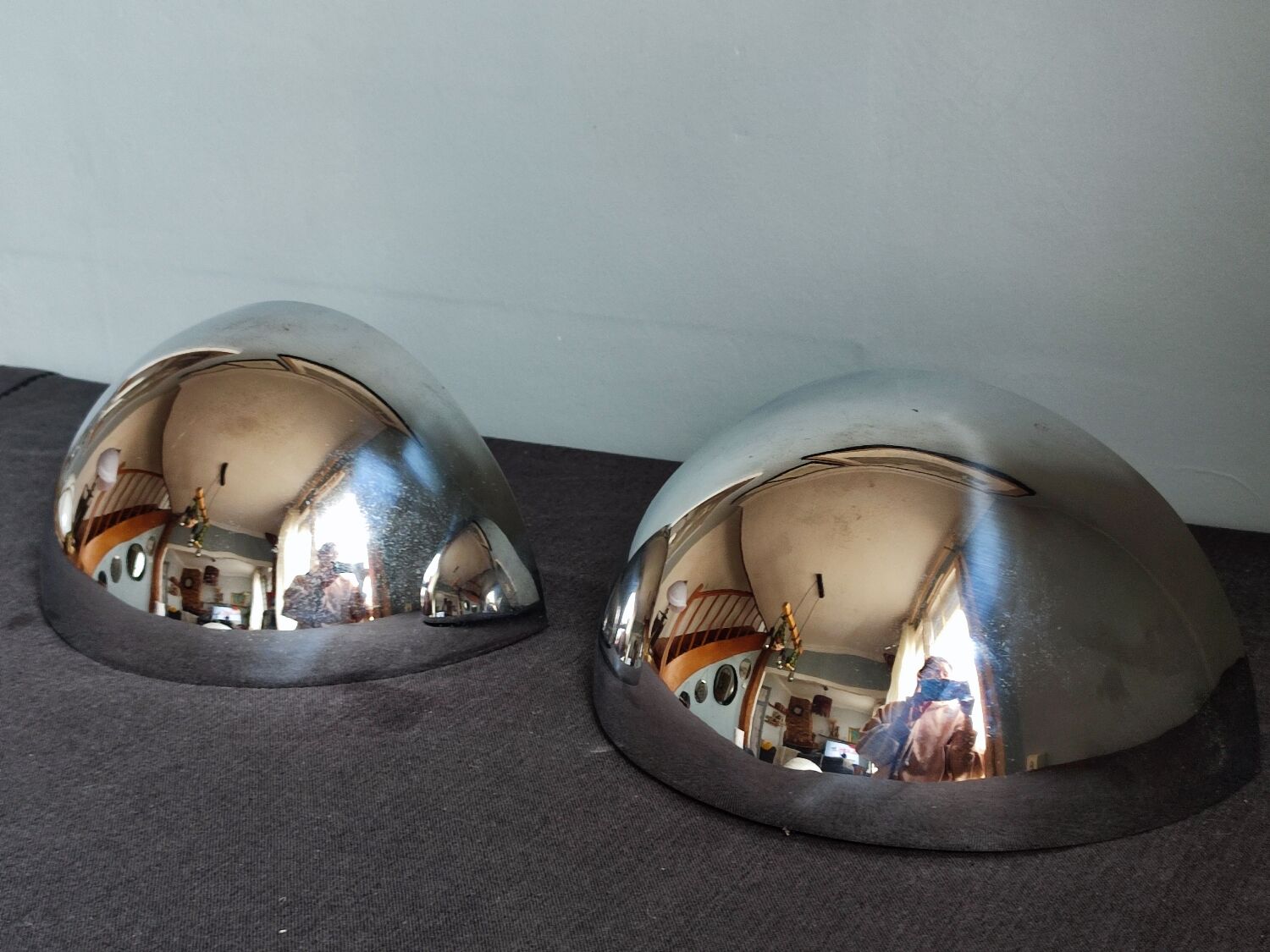 Pair of vintage chromed metal half-moon wall lamp