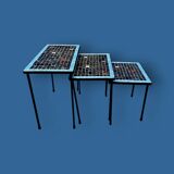 Trio of vintage nesting tables in mosaic and wrought iron