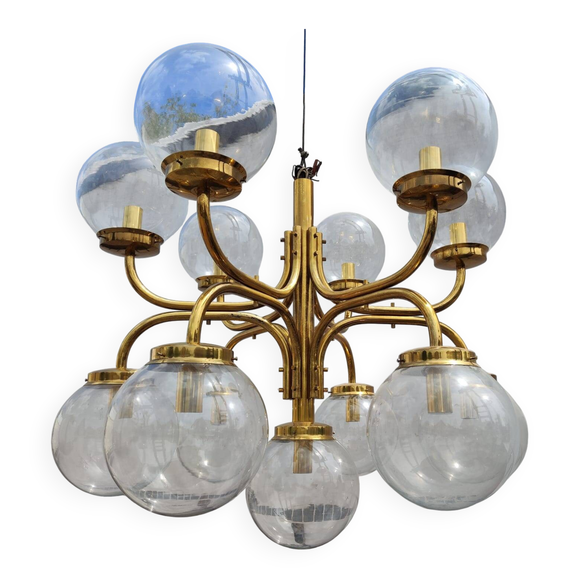 Large Vintage Brass Chandelier: Mid-Century Italian 13-Bulb Pendant Light