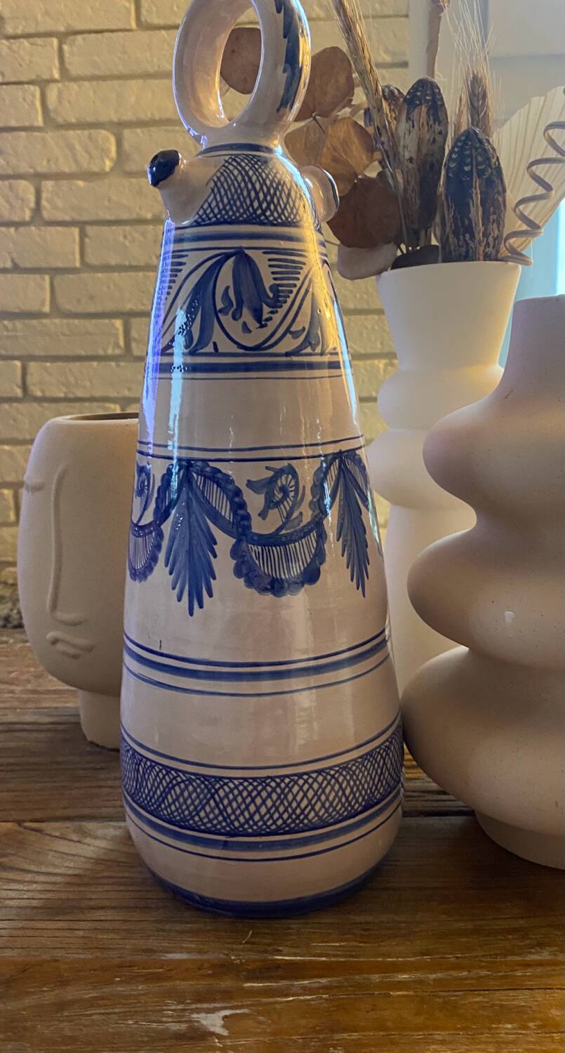 Vintage Spanish Hand Painted Glazed Ceramic Vase / Water Jug