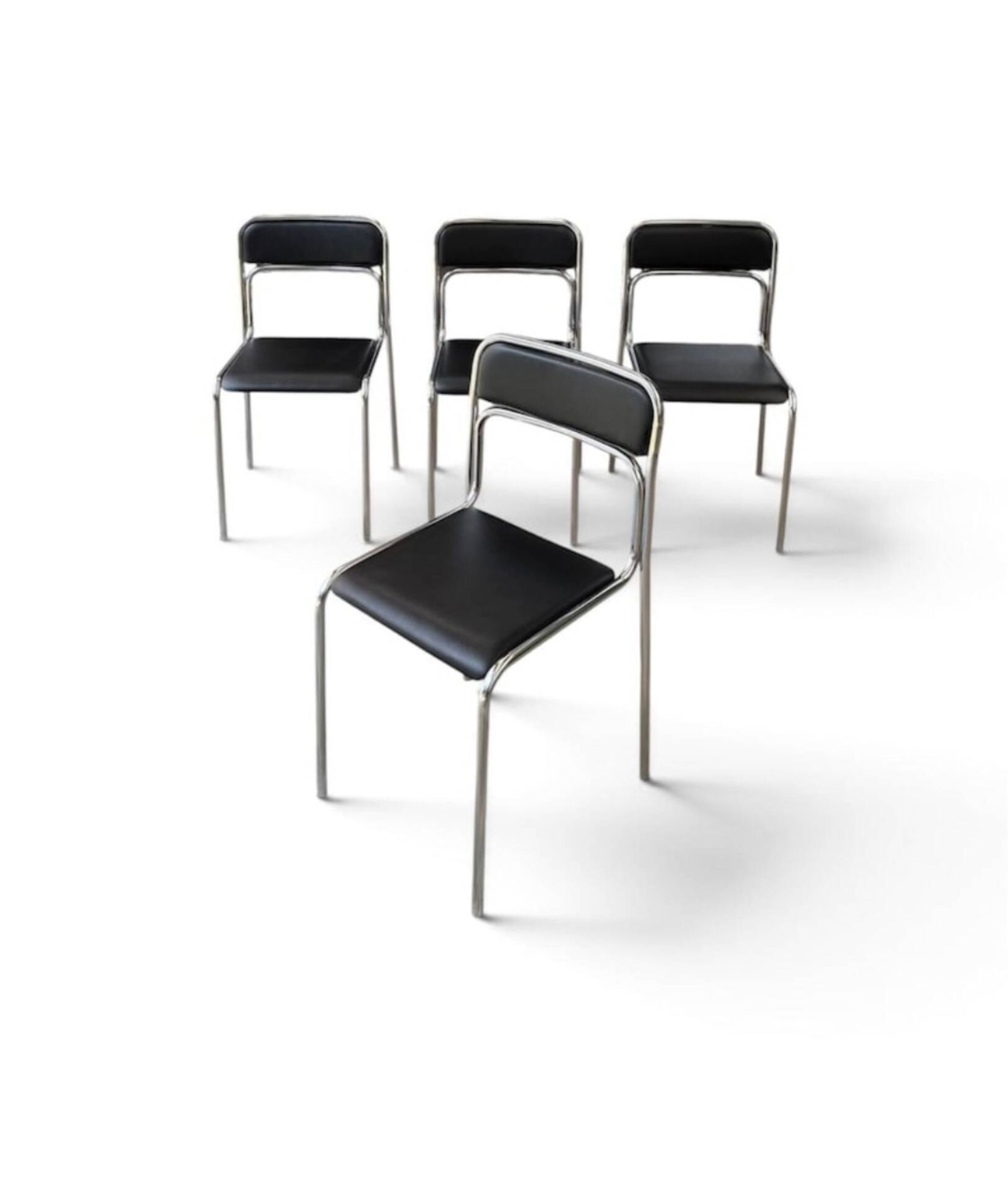 Bauhaus Style Tubular Steel Chairs, Black Faux Leather, Italian Modernist Dining Room