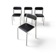 Bauhaus Style Tubular Steel Chairs, Black Faux Leather, Italian Modernist Dining Room