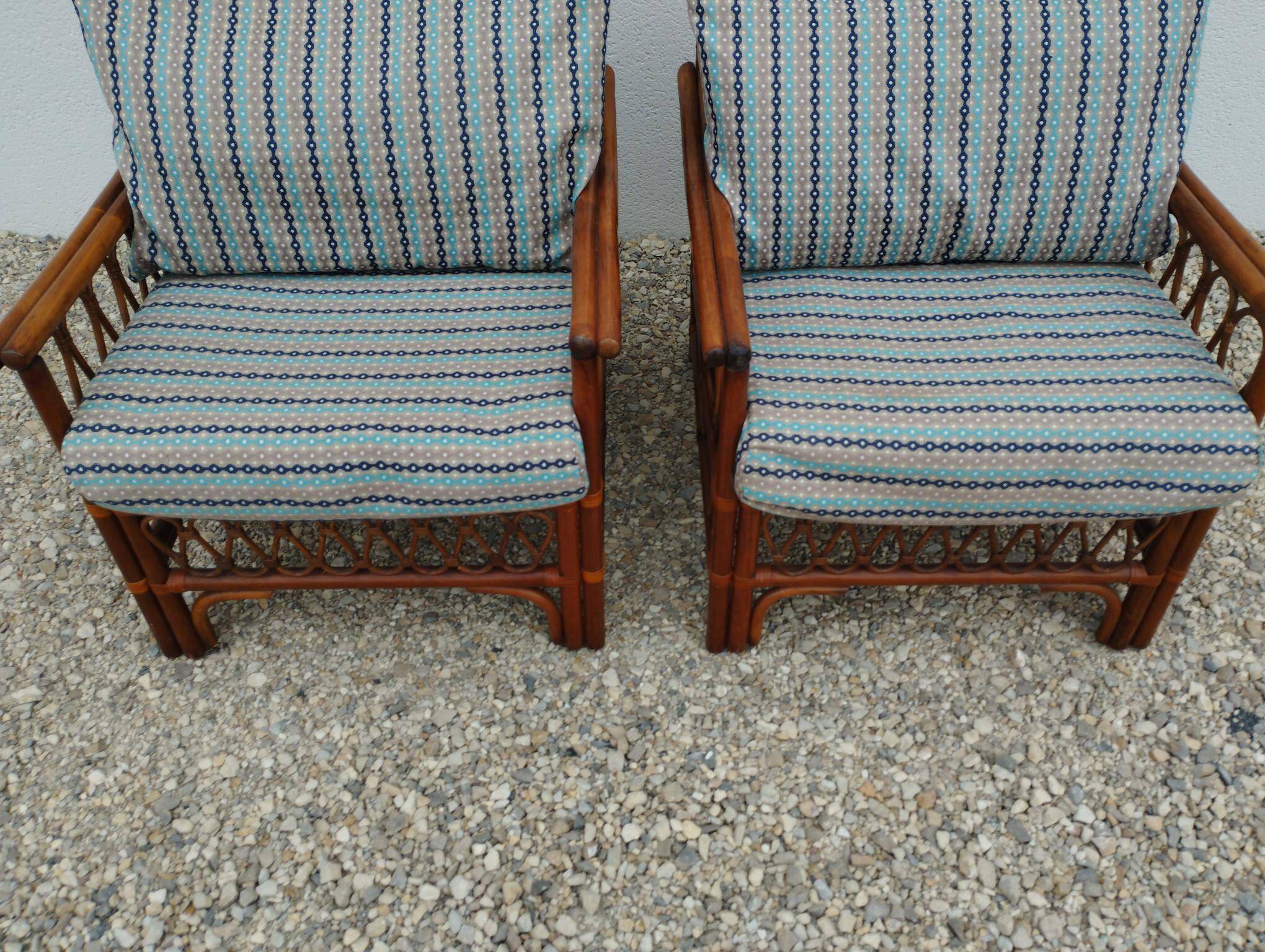 Pair of glacier blue rattan armchairs French Riviera vintage ép