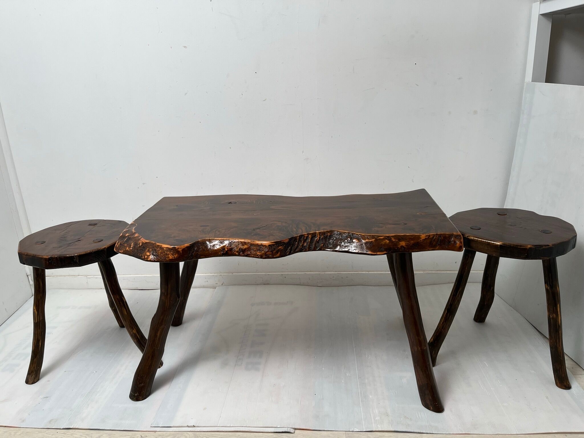 Brutalist vintage coffee table and 2 stools