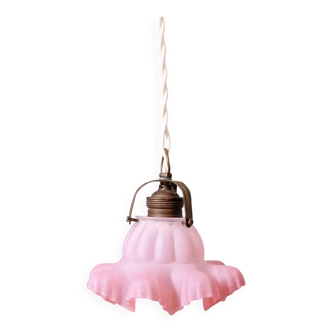 Scalloped pink satin glass pendant/lamp, 1920s-30s