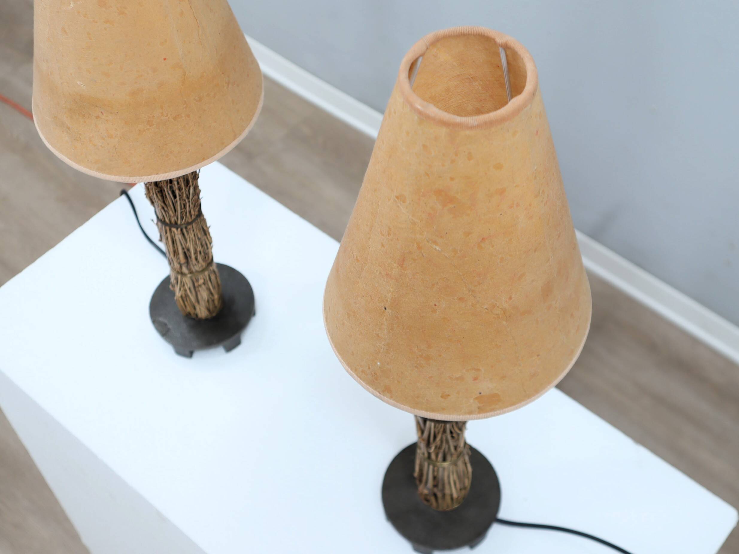 Pair of 1970s Italian decorative table lamps raphia & parchment