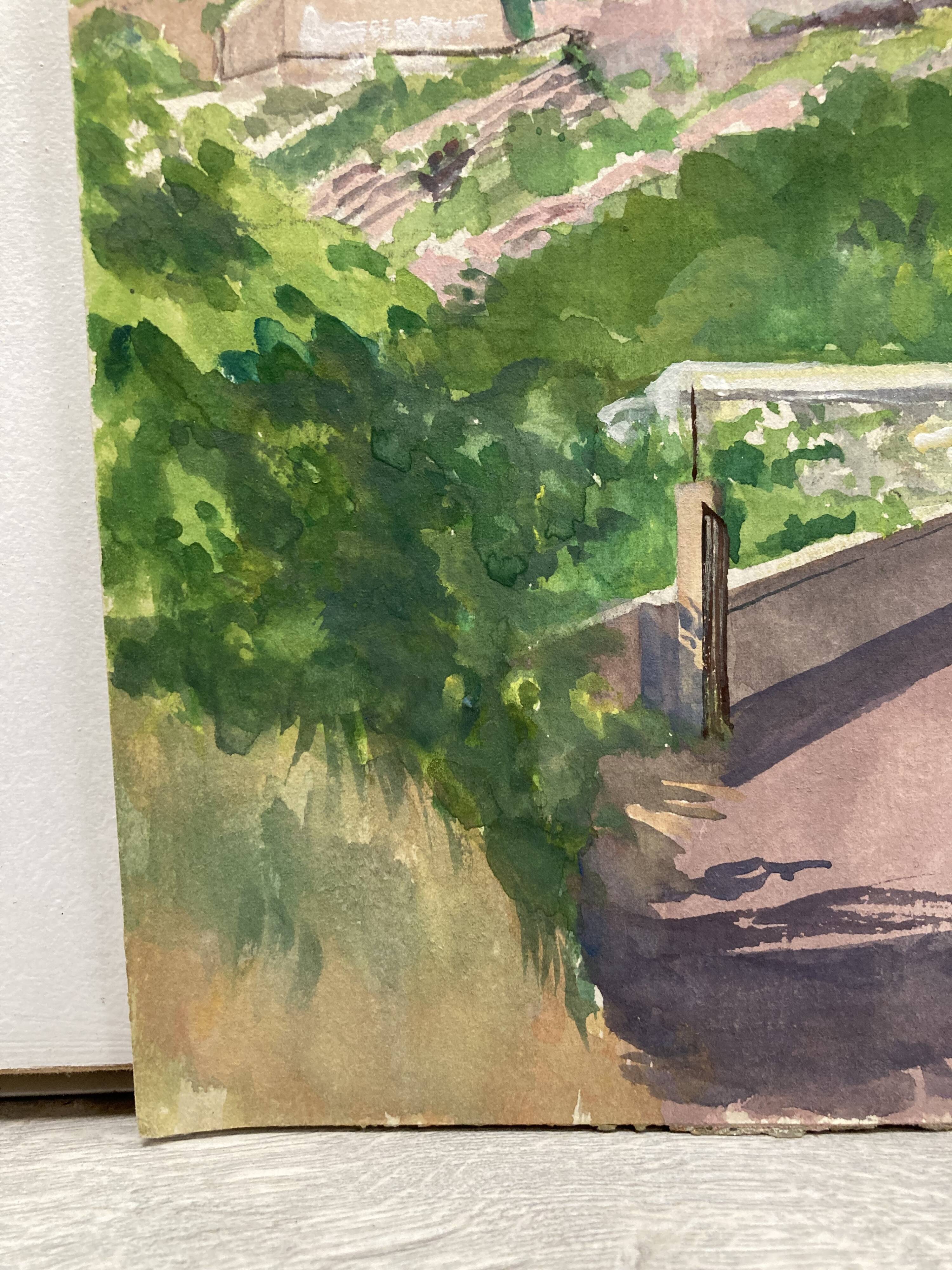 Watercolor Provencal landscape with fortified ramparts