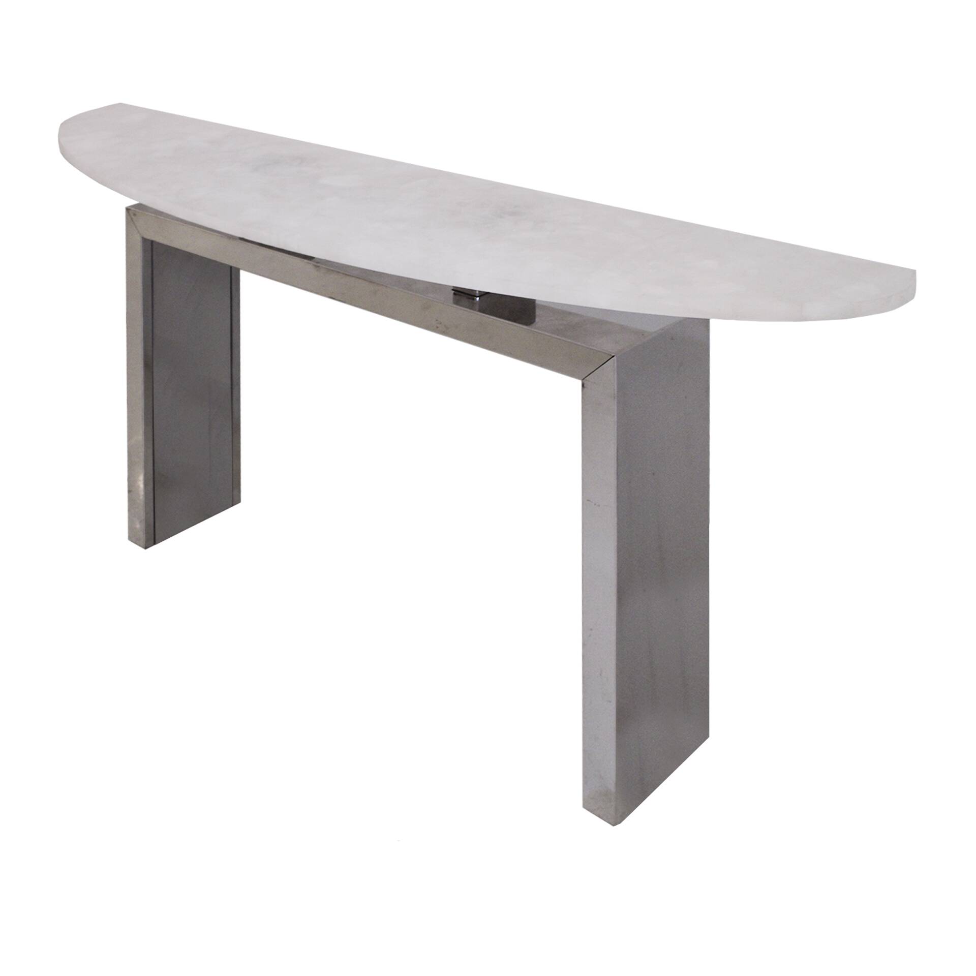 Contemporary Pair of Demilune Consoles Made Of White Quartz & Steel