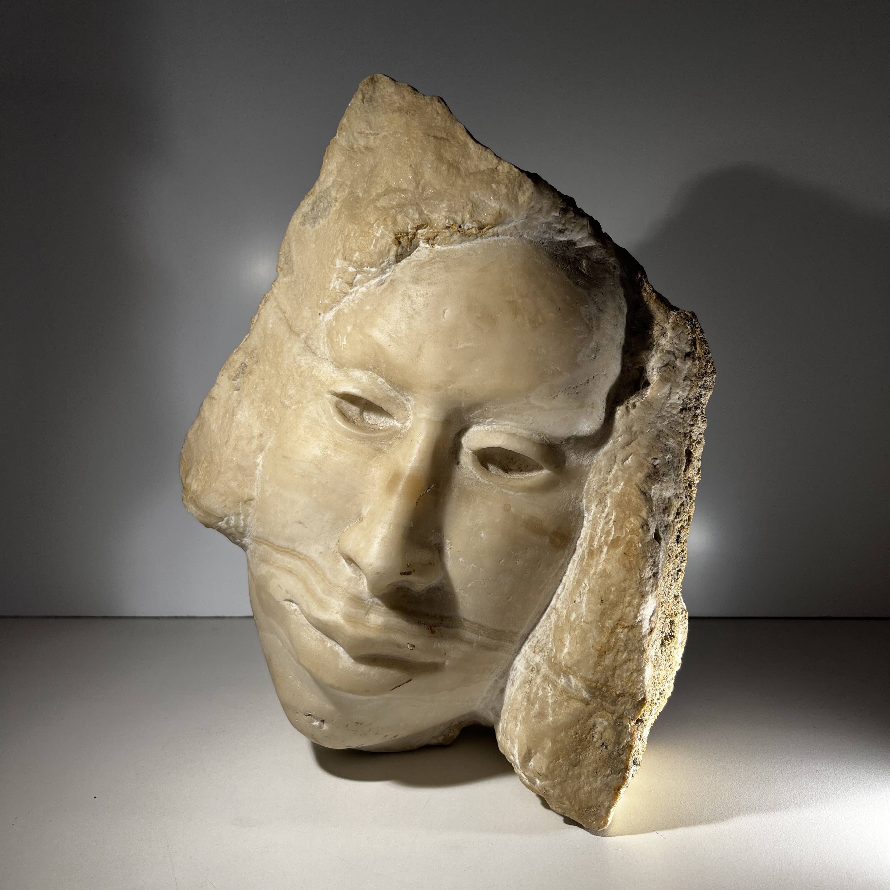 Marble bust/mask sculpture, Georg Glaser "Woman's Face" ca 1980