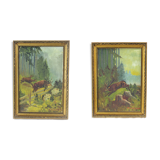Set Of 2 Paintings, Paint On Paper, By M. Hrušovská, Czechoslovakia 1950s