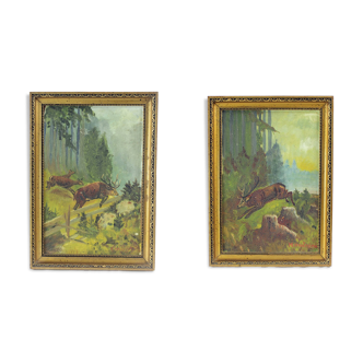 Ensemble de deux tableaux, peinture sur papier, par M. Hrušovská, Tchécoslovaquie, années 1950