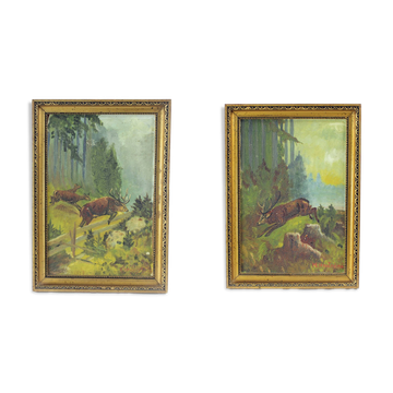Ensemble de deux tableaux, peinture sur papier, par M. Hrušovská, Tchécoslovaquie, années 1950