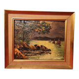 Mediterranean landscape painting by the sea and boats, framed, signed