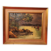 Tableau Paysage méditerraneen bord de mer et bateaux encadré signé