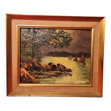 Tableau Paysage méditerraneen bord de mer et bateaux encadré signé
