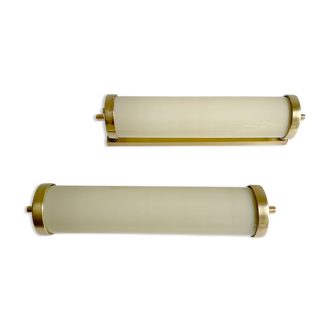Pair of vintage art deco 30s wall lamps, opaline brass