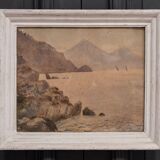 Watercolor on seaside paper rocky coast early 20th century limed frame